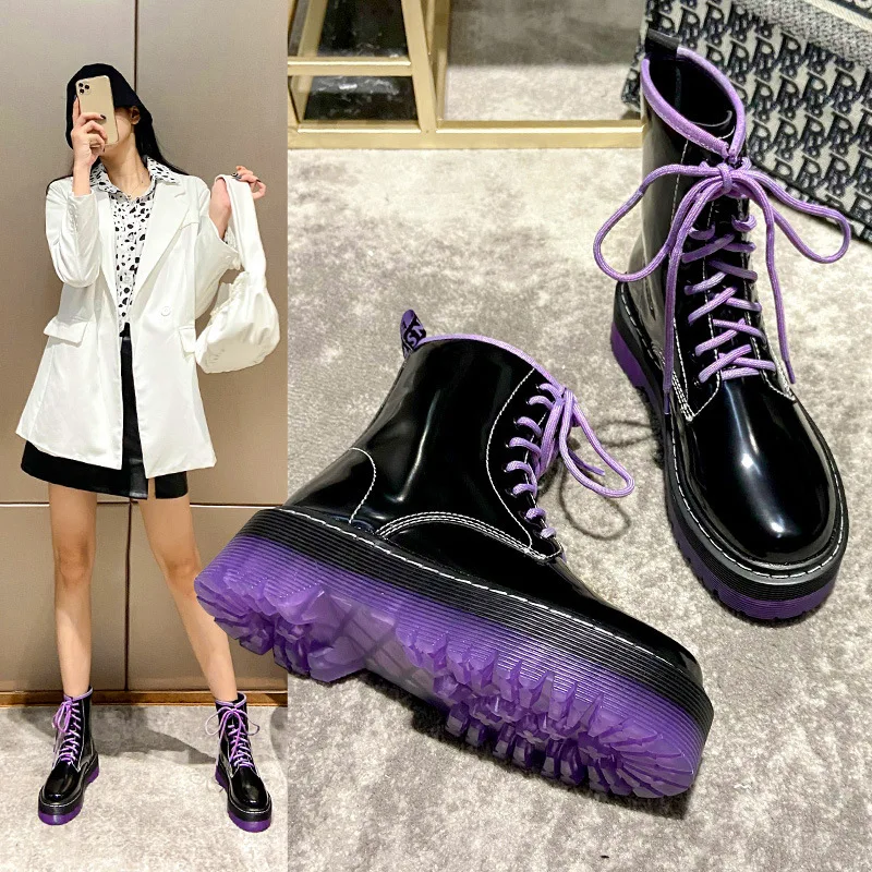 2021 Brand Platform Boots Women Color Block Purple Botas Japanned Leather Shoes Lady Lace-Up Botines High Top Motorcycle Booties