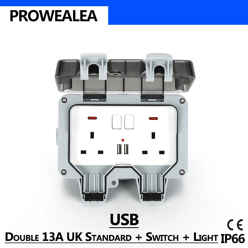 

Weatherproof Socket IP66 Double USB UK Standard Switch Waterproof Socket Outdoor Wall Power Socket Electrical Outlet Grounded