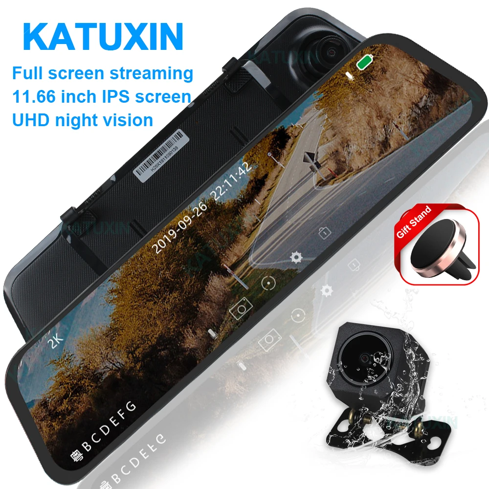 Katuxin 12\ IPS Car DVR Mirror Stream Media 1296P Night Vision Rear View Camera Parking Monitor Recorder Dash Cam Recorder H20