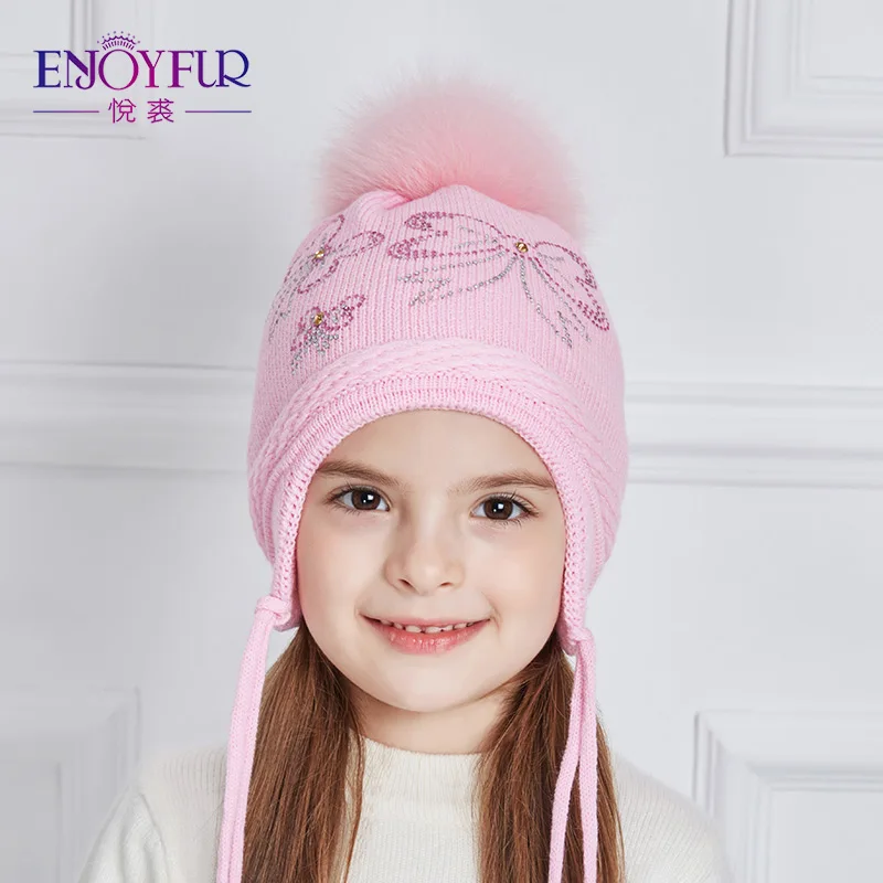 ENJOYFUR Rhinestones Bow-Knot Children Winter Hats Real Fox Fur Pompom Knitted Hat Girl Beautiful Pink Girls Beanies Autumn Caps