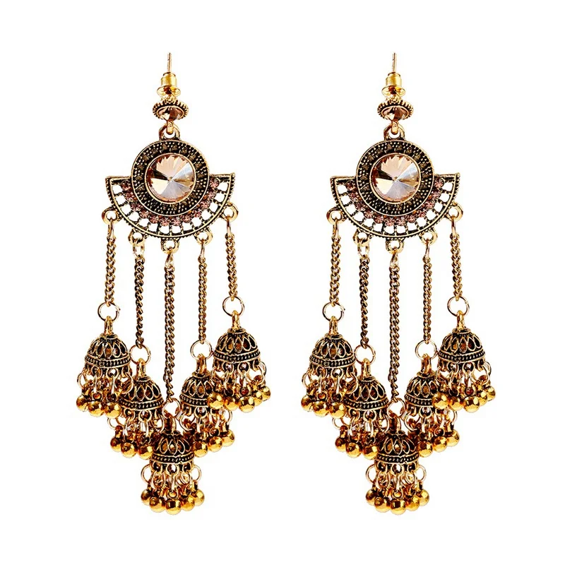 HXE227-1 OIQUEI женские индийские Jhumka серьги золотые серебряные Большие колокольчики висячие серьги с длинной кисточкой для женщин богемные цыганские ювелирные изделия - Окраска металла: HXE227-1