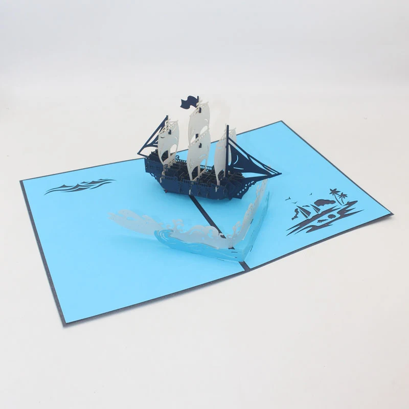 3D Ручной работы синий чехол белый синий Лодка парусный корабль и морская волна бумага поздравительные открытки открытка День Рождения БИЗНЕС креативный подарок
