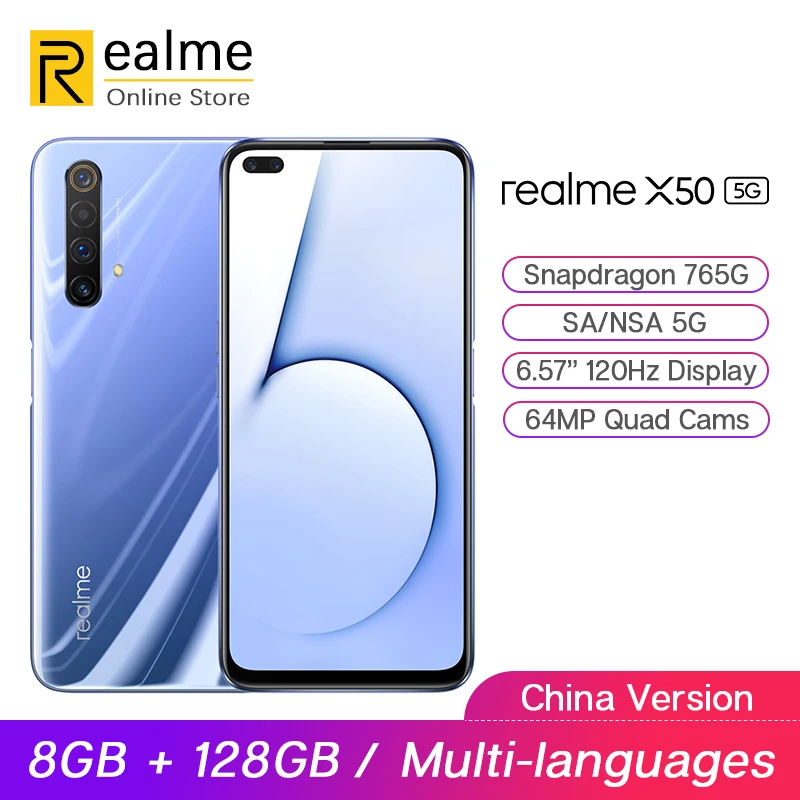 

Original realme X50 5G Moblie Phone 8GB 128GB 6.4'' Snapdragon 765G 64MP Quad Cam Cellphone OPPO VOOC 30W Fast Charge