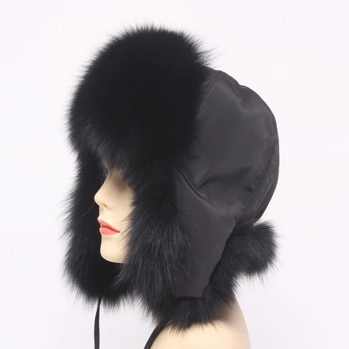 Hot Sale Genuine Fox Fur Hat Russian Women Real Fur Caps Bomber Hats 100%Natural Fox Fur Caps Fashion Fur Hat Retail wholesale - Цвет: black