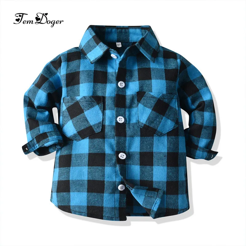 

Tem Doger Boy Shirts 2018 Autumn Cotton Long Sleeve Turn-down Collar Red Plaid Children 1-5 Years Old Kids Boys Shirt