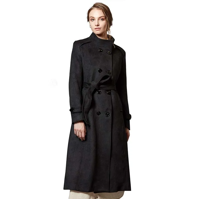 Escalier Womens Wool Coat Double Breasted Winter Long Trench Coat with Belt