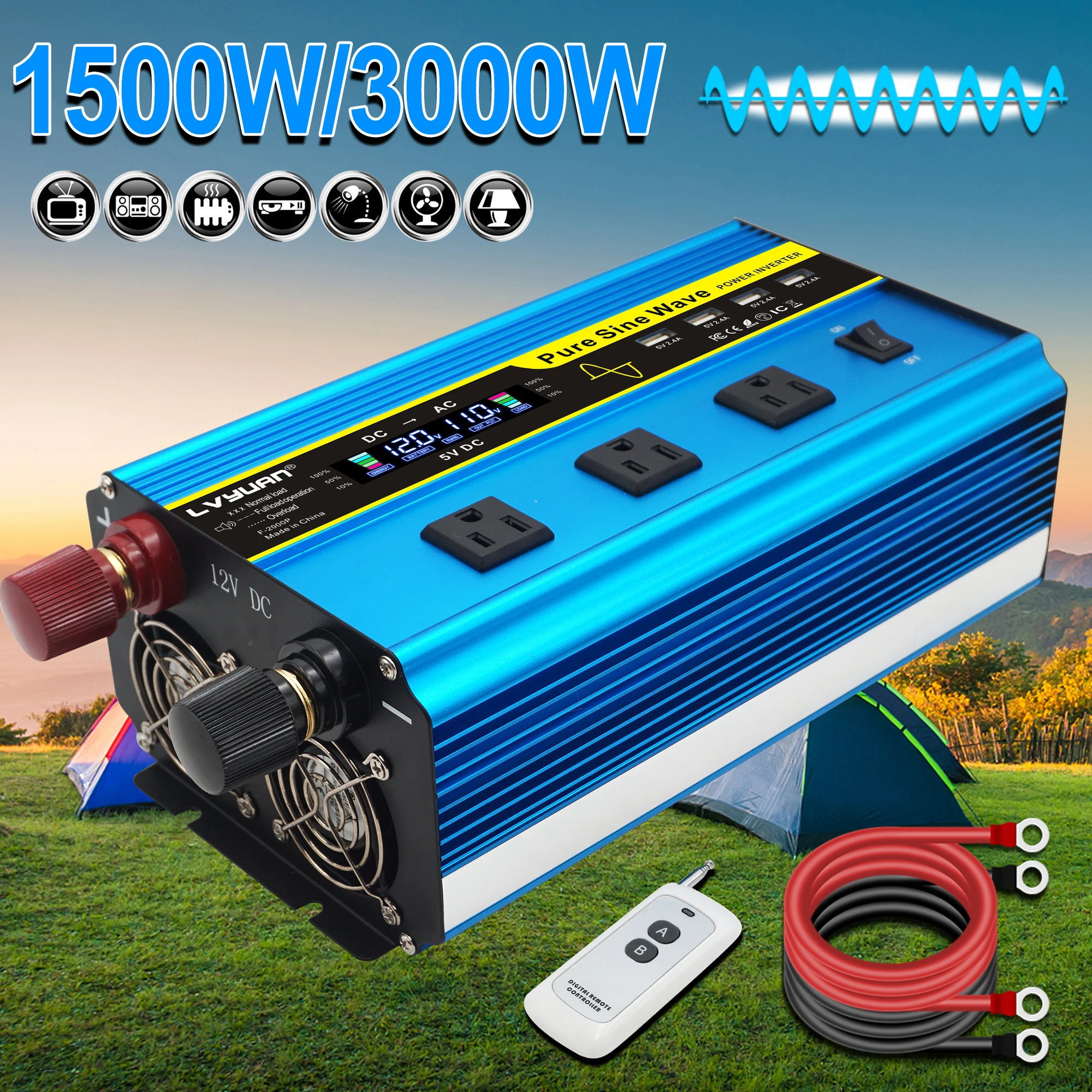 Remote Control 12V DC To AC110V 220V 3000W Peak 50Hz/60Hz Pure Sine Wave  US/EU 4USB With Car Power Inverter - AliExpress