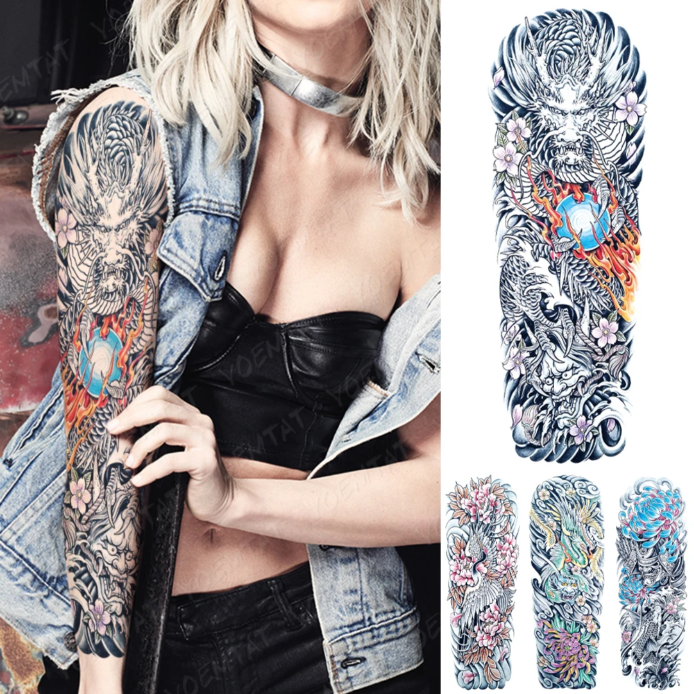 

Large Full Arm Sleeve Tattoo Japanese traditional Waterproof Temporary Tatoo Sticker dragon fire prajna Men Women Body Art Tatto