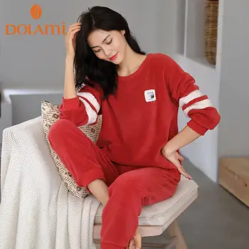 

Winter Pajamas Set Women Sleepwear Warm Flannel Long Sleeves Pajamas Red Cute Animal Homewear Thick Sports Home Suit Outwear
