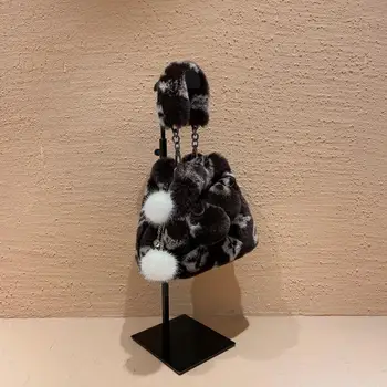 

New high quality leather fashion versatile fashion Plush Rex rabbit hair drawstring bucket bag handbag for women