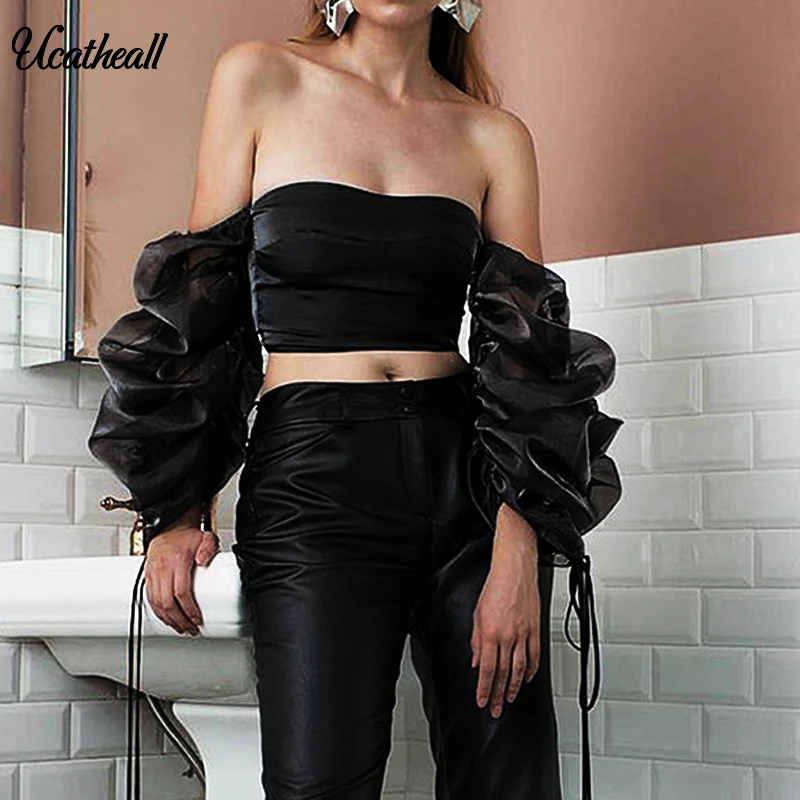

Sexy Women Side Strings Women Tops Sexy Crop Top With Mesh Puff Sleeve Girls Summer Off Shoulder Strapless Top Lace Up Back