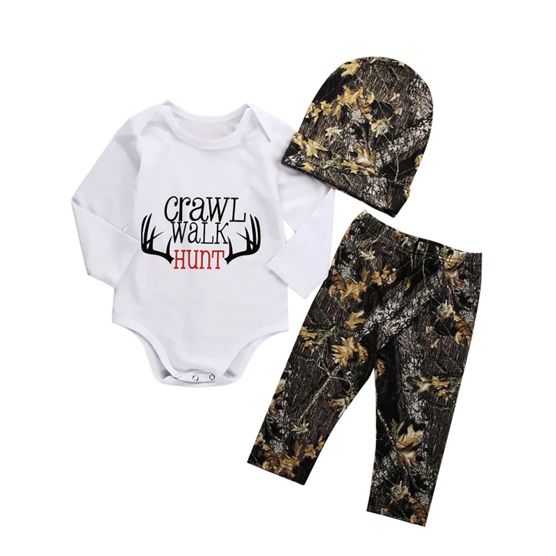 

2019 Infant Baby Girls Boy Fall Winter Outfit Clothes Printed Letter Romper + Leggings Pants + Hat Set 0-18 month Baby Clothing