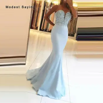 

Sexy Mermaid Sweetheart Beaded Crystal Evening Dresses 2020 Formal Women Sky Blue Engagement Party Prom Gowns robe de soiree