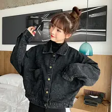

Harajuku Black Denim Short Jackets Women Loose Single Breasted Button Pockets Korean Style Chic Retro Casual Streetwear Womens