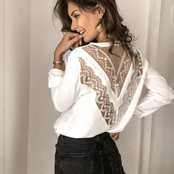 

Women's Tops Blouses Elegant long Sleeve V Neck OL Lace Shirt Ladies Office Lady Backless chemise femme blusa feminina