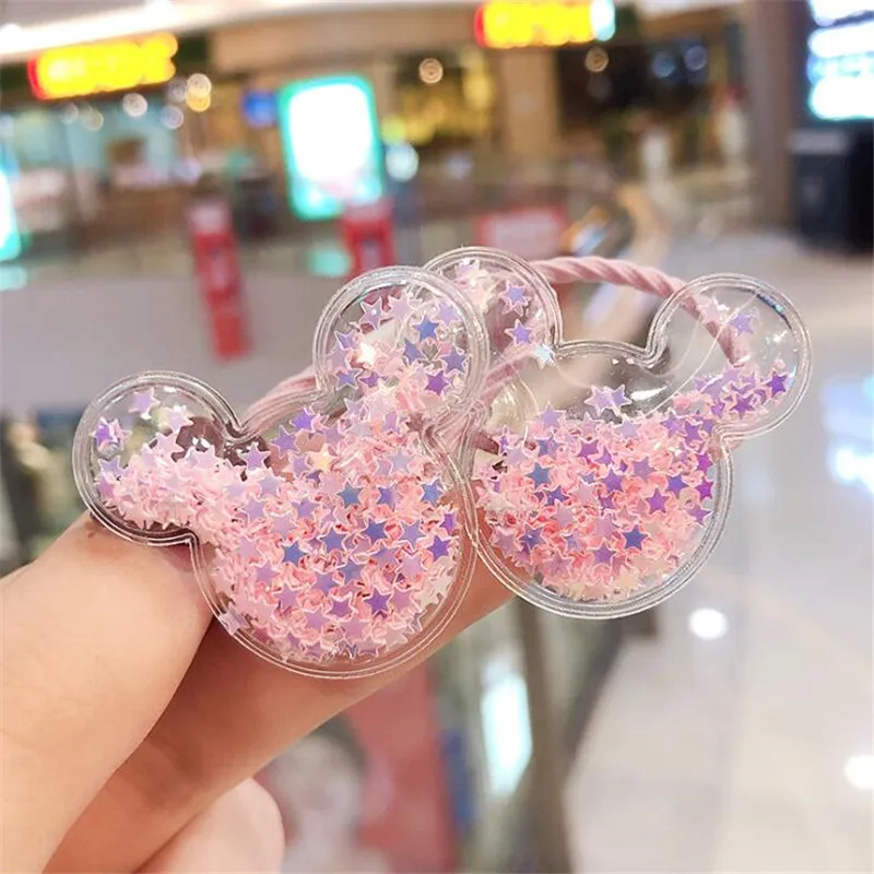New Cute Crown Star Quicksand Scrunchies Children Girls Kids Elastic Hair Rubber Band Accessories Tie Hair Ring Rope Holder - Color: Pink Minnie