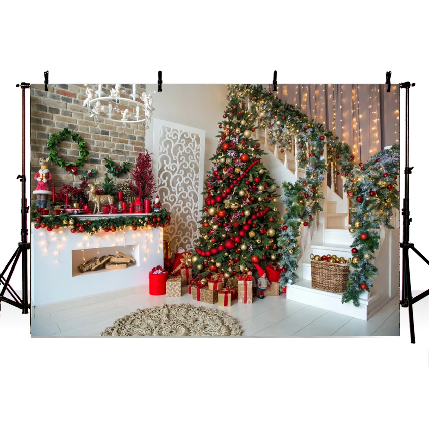 

Mehofond Christmas Tree Backdrop Brick Wall Fireplace White Wooden Floor Red Decorations Photography Background for Photo Studio