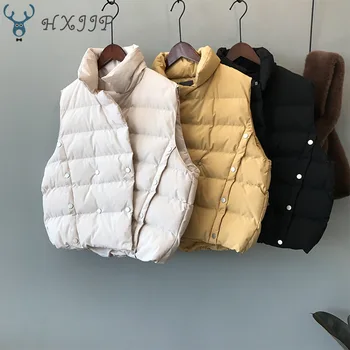 

HXJJP 2019 Womens Vests Winter Outerwear New Style Korean Double-breasted Stand Collar Solid Casual Warm Down Cotton Vest