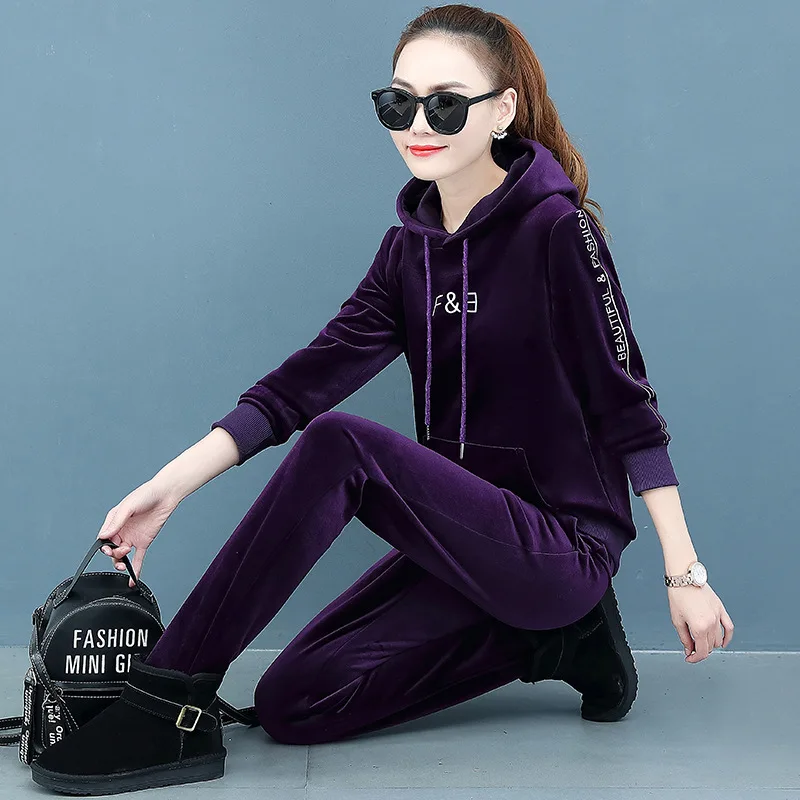 purple Новинка, зимняя женская спортивная одежда, толстая бархатная теплая толстовка с капюшоном+ штаны для бега, повседневный комплект для фитнеса, спортивный костюм, спортивный костюм - Цвет: purple