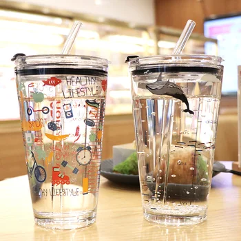 

450ml Lovely funny Glass milk juice tea cup water bottle with straw for kids and adult printing pattern graduated drinkware