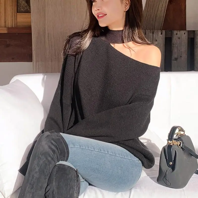 

2019 New Women Fall Winter Sweaters Pullovers Sexy Off Shoulder Loose Sweaters Solid Long Sleeve Knitted Jumper