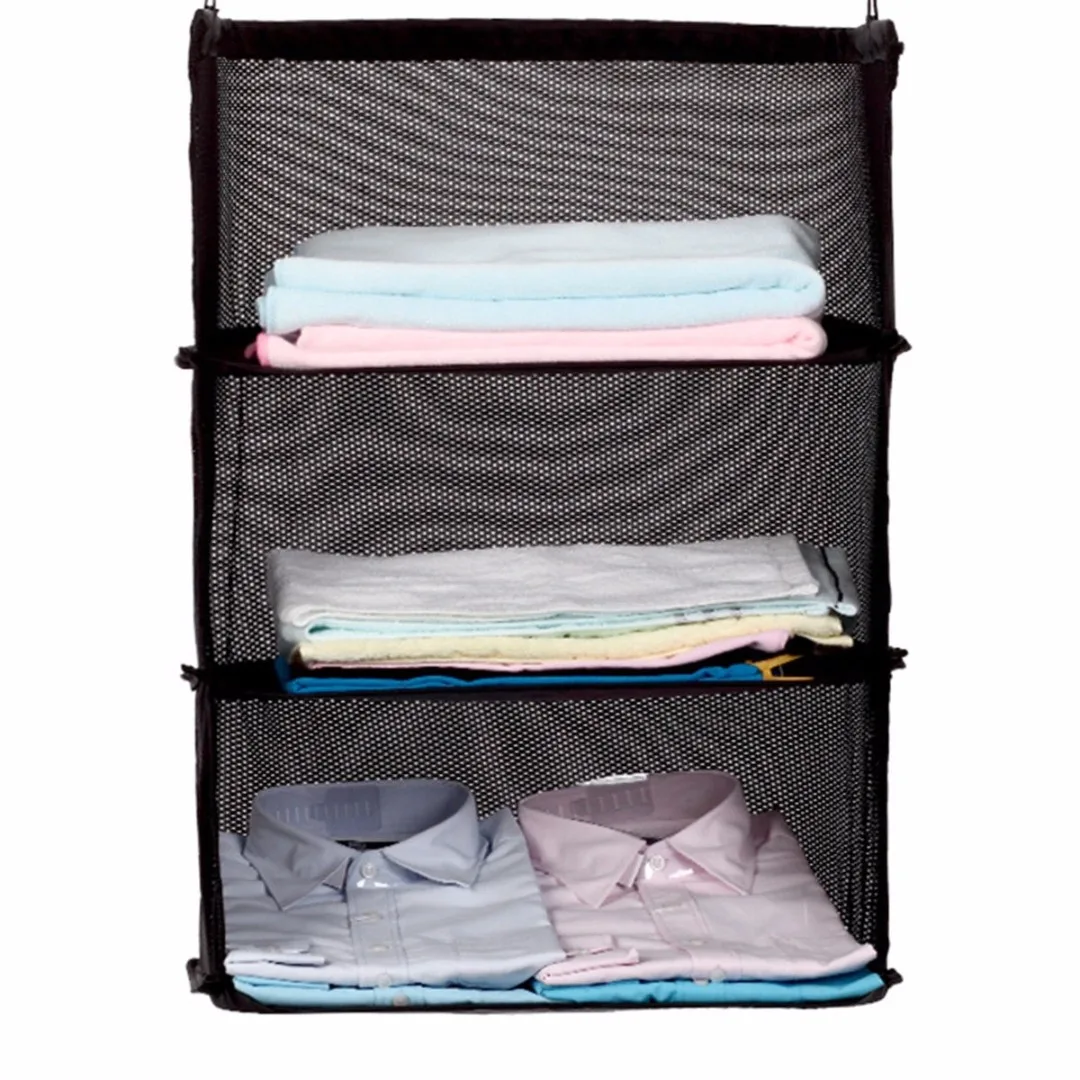 JX-LCLYL 3 Tier Collapsible Hanging Organizer Closet Luggage Clothes Bag Shelf Storage