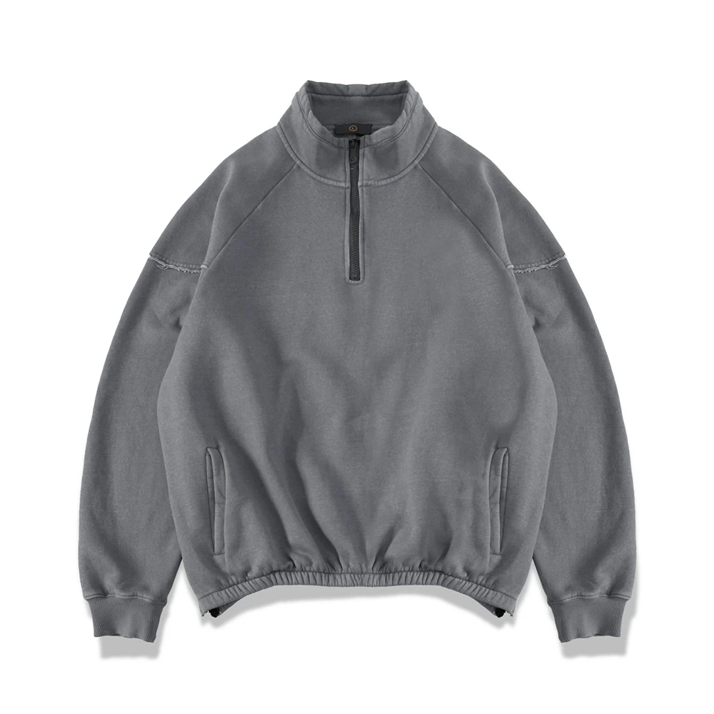 

Distressed Raglan Sweatshirt Kanye Hip Hop Vintage-washed Fleece Pullover Zipped Slits Streetwear
