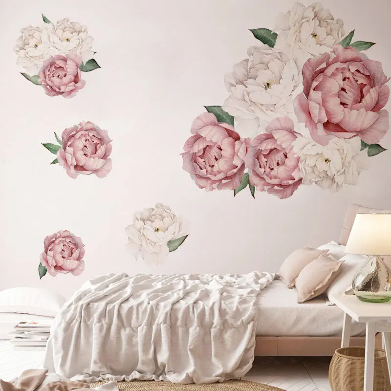 Розовые, белые, акварельные, пионные цветы, наклейки на стену для детской комнаты, гостиной, спальни, украшения для дома, настенные наклейки, домашний декор, цветочные