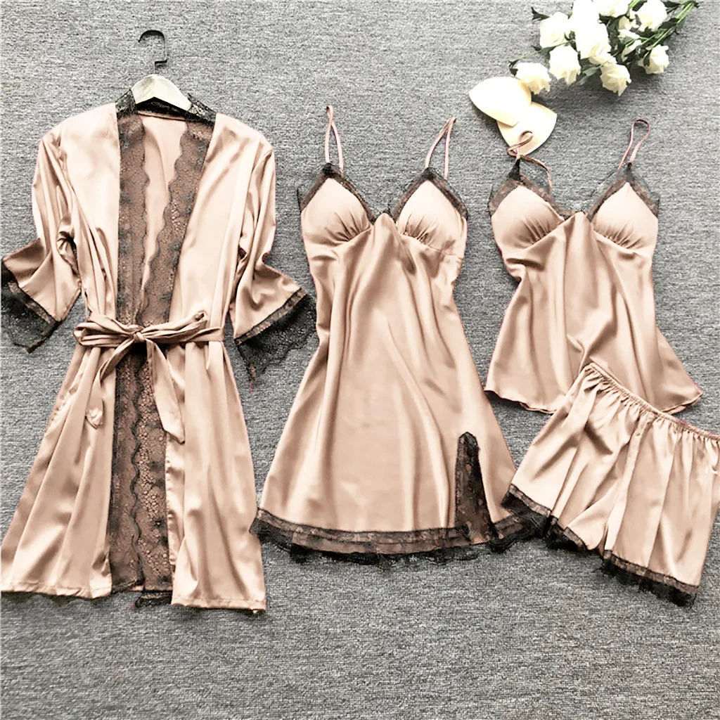 

Sexy Women's Robe & Gown Sets Lace Bathrobe + Night Dress 4PCS Sleepwear Womens Sleep Set Faux Silk Robe Femme Sexy Lingerie