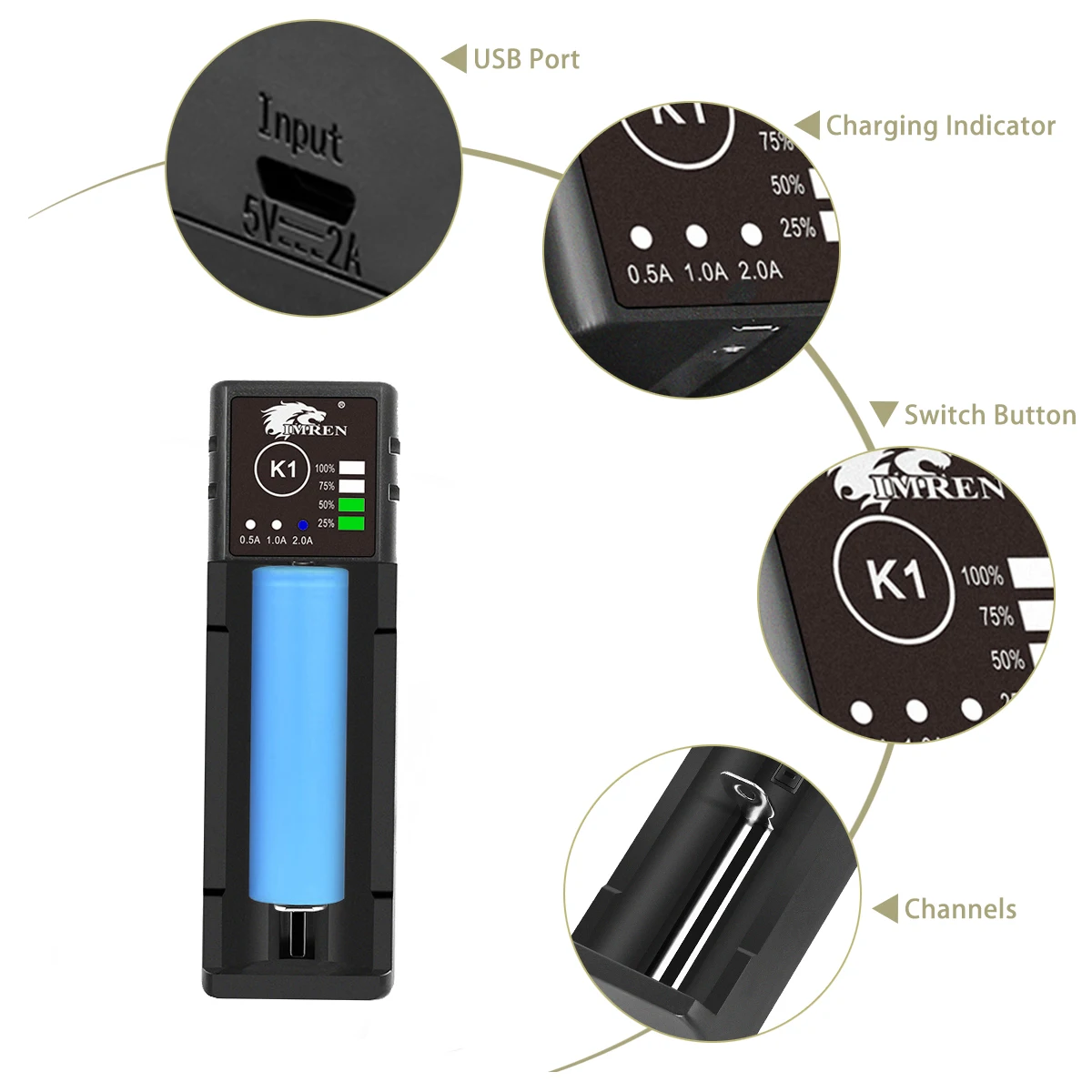 IMREN K1 Rechargeable Batteries 5V2A USB Charger 14500 16650 17650 18650 26650 21700 18350 A AA AAA Lithium NiMH Ni-Cd Battery Battery Charger Fast Charger