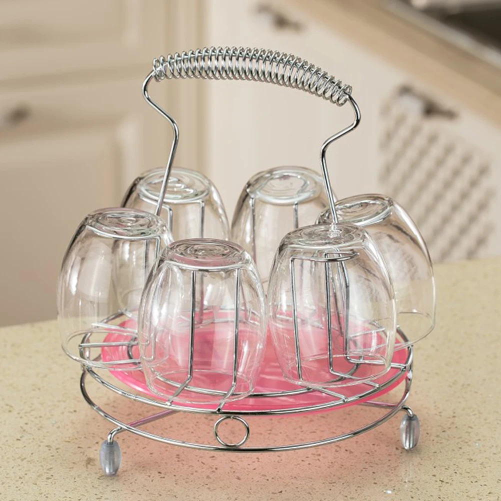 Alloy Six Cups Holder Hanging Upside Down Cups Organizer Mugs Dryer Cups Rack Kitchen Supplies with Tray for Hotel Random Color