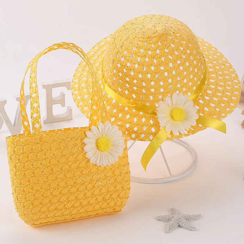 Summer Children Beach Flower Hats Set Wide Brim Straw Hat Beach Hat 3-7 Years Old