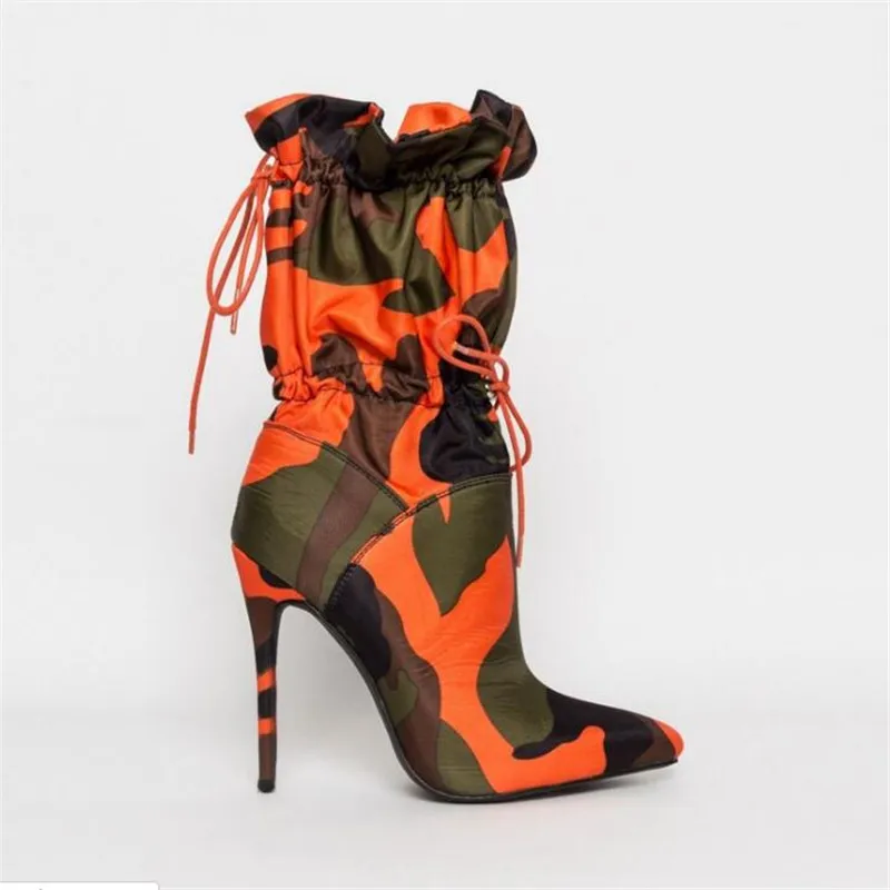 Г. Весна-осень, новые модные камуфляжные ботильоны на высоком каблуке 11 см, на шпильке женские пикантные Клубные ботинки на шнуровке шикарные - Цвет: Оранжевый
