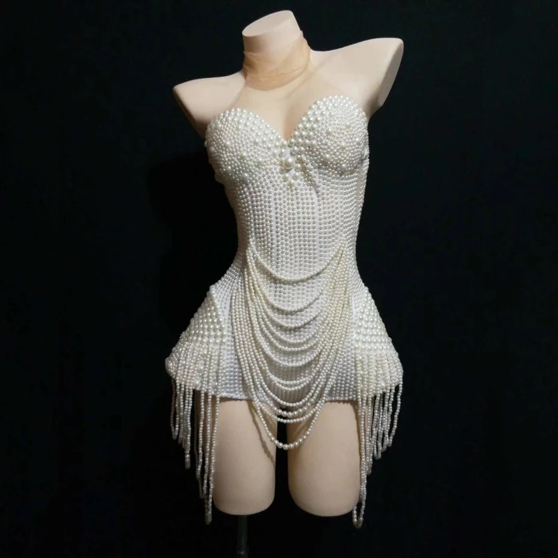 

Female Jazz Dance Costume White Pearls Elegant Jumpsuit Festival Outfit Rave Party Clothing Singer Performance Dress DT1358