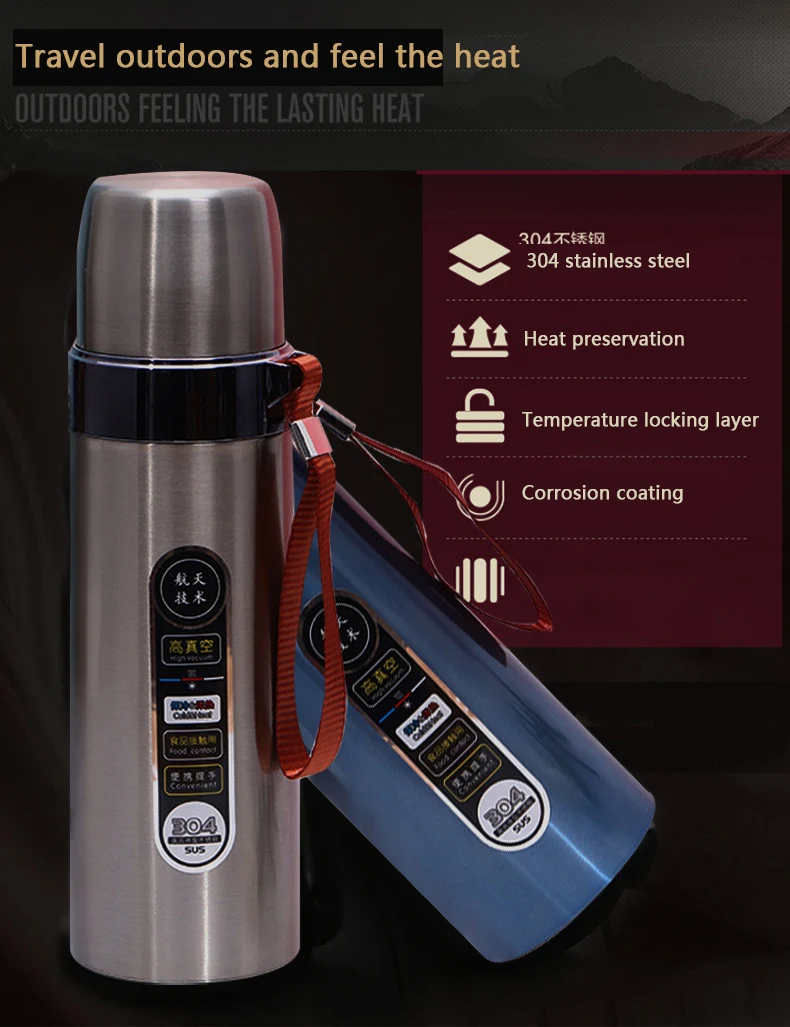 1pcs Large capacity 304 Stainless steel Heat preservation kettle 500ml Outdoor sports Travel Water cup Car portable vacuum flask