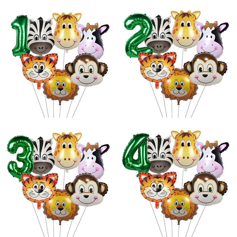 

7pcs/set Jungle Animal Themed Party Ballons Green Number cute animal Balloons for kids Safari Birthday Party Baby Shower Decor