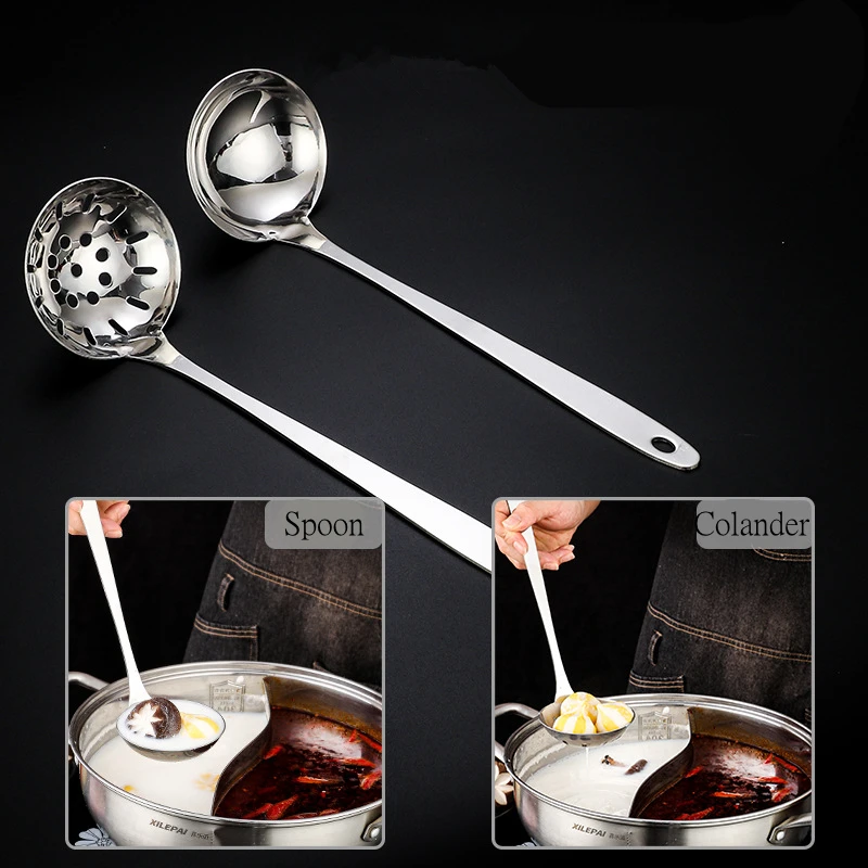 Stainless Steel Spoon Stainless Steel Soup Spoon Colander Kitchen Long Handle Tableware Hot Pot Soup Ladle Ramen Noodles Tablespoons Home Utensils
