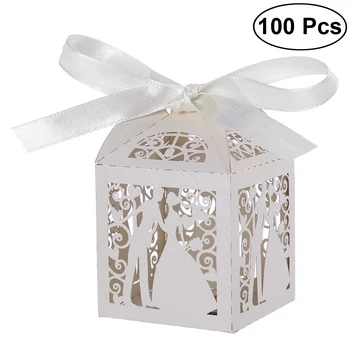 

100pcs Couple Design Candy Boxes Lase Cut Wedding Sweets Candy Gift Favour Boxes with Ribbon Table Decorations (White)
