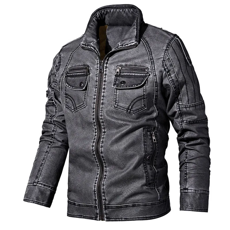 Grey DD8818 Зимние теплые кожаные куртки для мужчин Мужская военная куртка классический мотоцикл велосипед ковбой бомбер куртки мужские толстые флисовые пальто - Цвет: Grey DD8818
