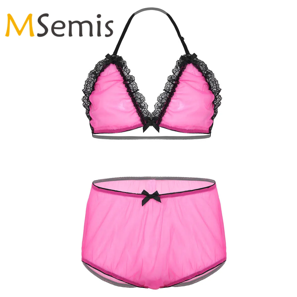 

Mens Sissy Crossdresser Lingerie Suit See Through Sheer Tulle Lace Trim Bra Top with High Waist Briefs Sissy Hot Underwear Set
