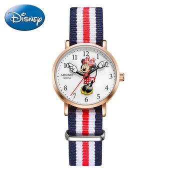 

Minnie Mouse Cute Girls Nylon Band Leather Strap Disney Luxury Brand Kid Watch Beautiful Gift Student Fashion Clock Waterproof