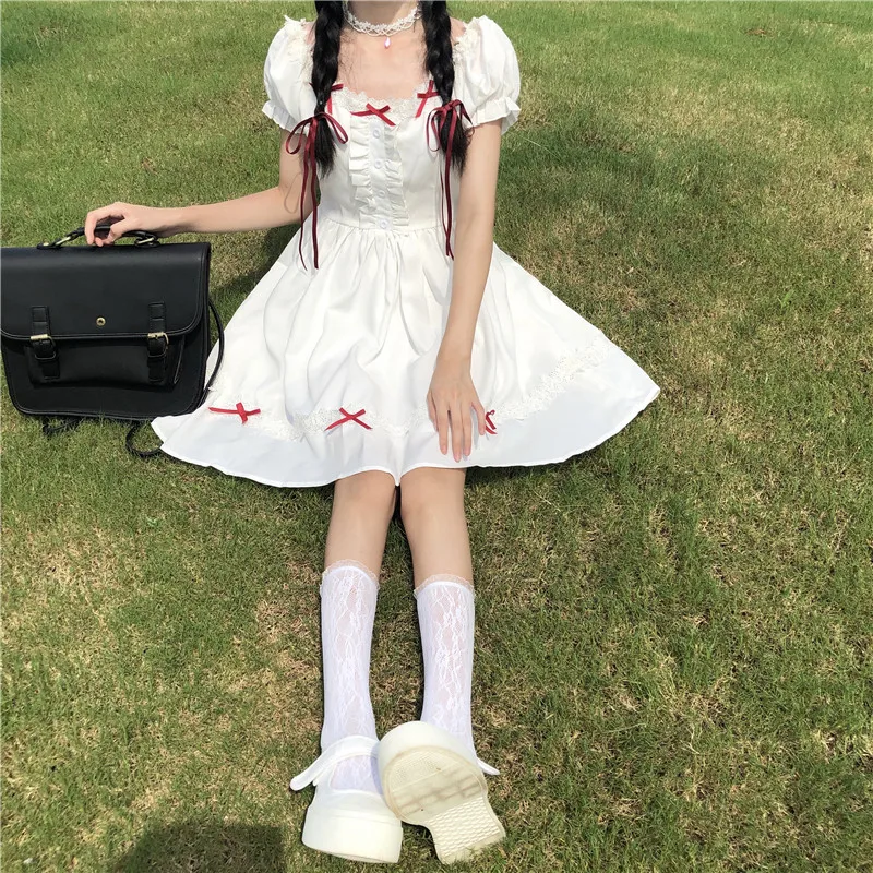 Japanese Summer Soft Girl College Style Dress Sweet Lace Square Collar Bow Kawaii Puff Sleeve Dress White Girly Fluffy Dresses