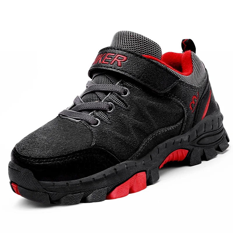 Детские кроссовки; зимние ботинки для мальчиков; зимняя обувь для подростков; теплая уличная спортивная обувь для пеших прогулок; нескользящая обувь - Цвет: Черный