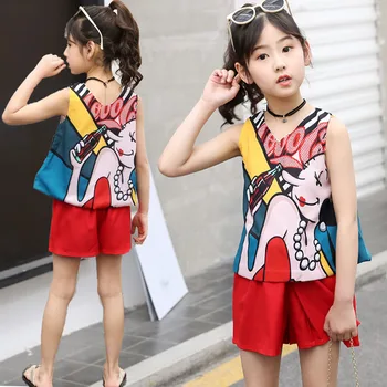 

2020 New Summer Girl Children's Cross border two piece Denim Shorts T-shirt Western Korean Fashion Girls clothes Cotton