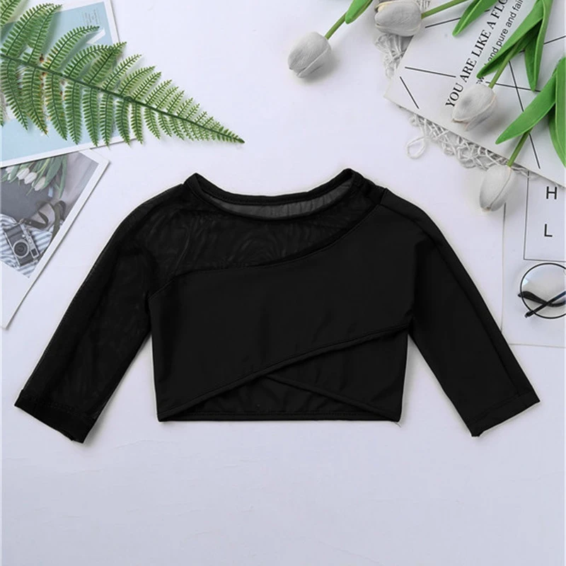 Kids Girls Gymnastics Dance Crop Top Girls 3/4 Sleeves Asymmetrical Tops Crop Top for Ballet Dance Stage Performance Workout