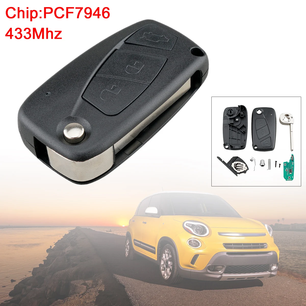 433Mhz 3 Buttons Flip Car Remote Key Fob with PCF7946 Chip Black Fit for Fiat 500 Panda/Punto/Bravo | Автомобили и мотоциклы