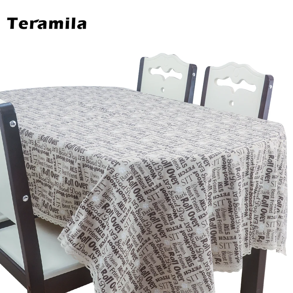 Teramila Thick Table Cloth Texts Design Linen With Lace Tablecloth Rectangular Square Dining Table Cover For Home Party Kitchen
