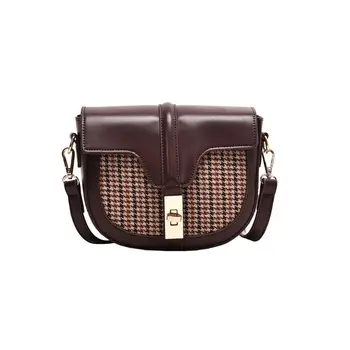 

Retro Saddle Shoulder Bags PU Leather Buckle Closure Grids Pattern Lady Handbag 517D