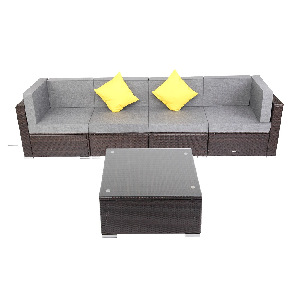 

Two Styles US Warehouse 5 Pieces Patio PE Wicker Rattan Corner Sofa Set Patio Furniture Set In Stock for the outdoors and Patio