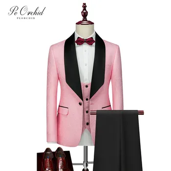 

PEORCHID 2020 Men Pink Suit Groom Tuxedo Traje Formal Hombre Shawl Collar 3 Pieces Fashion Party Suit Wedding Dresses For Men
